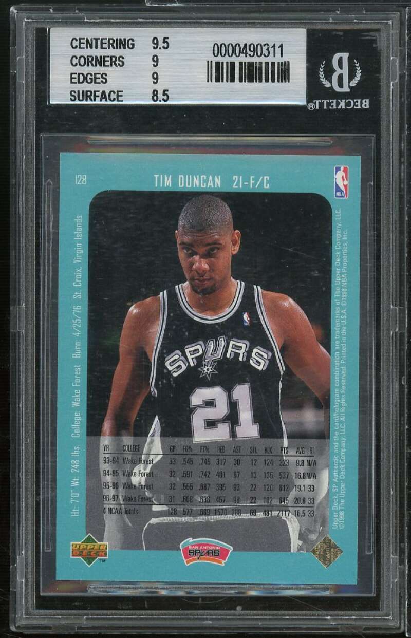 Tim Duncan Rookie Card 1997-98 SP Authentic #128 BGS 9 (9.5 9 9 8.5) Image 2