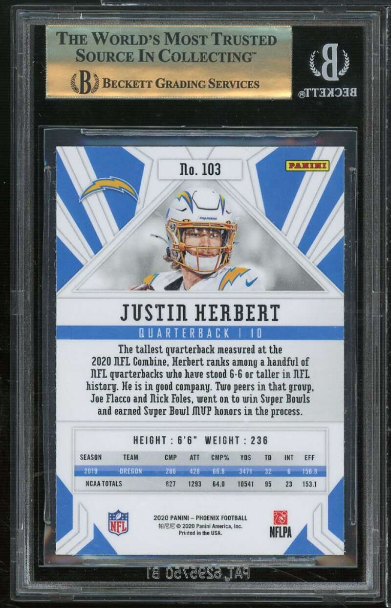 Justin Herbert Rookie Card 2020 Panini Fire Burst #103 BGS 9.5 Image 2