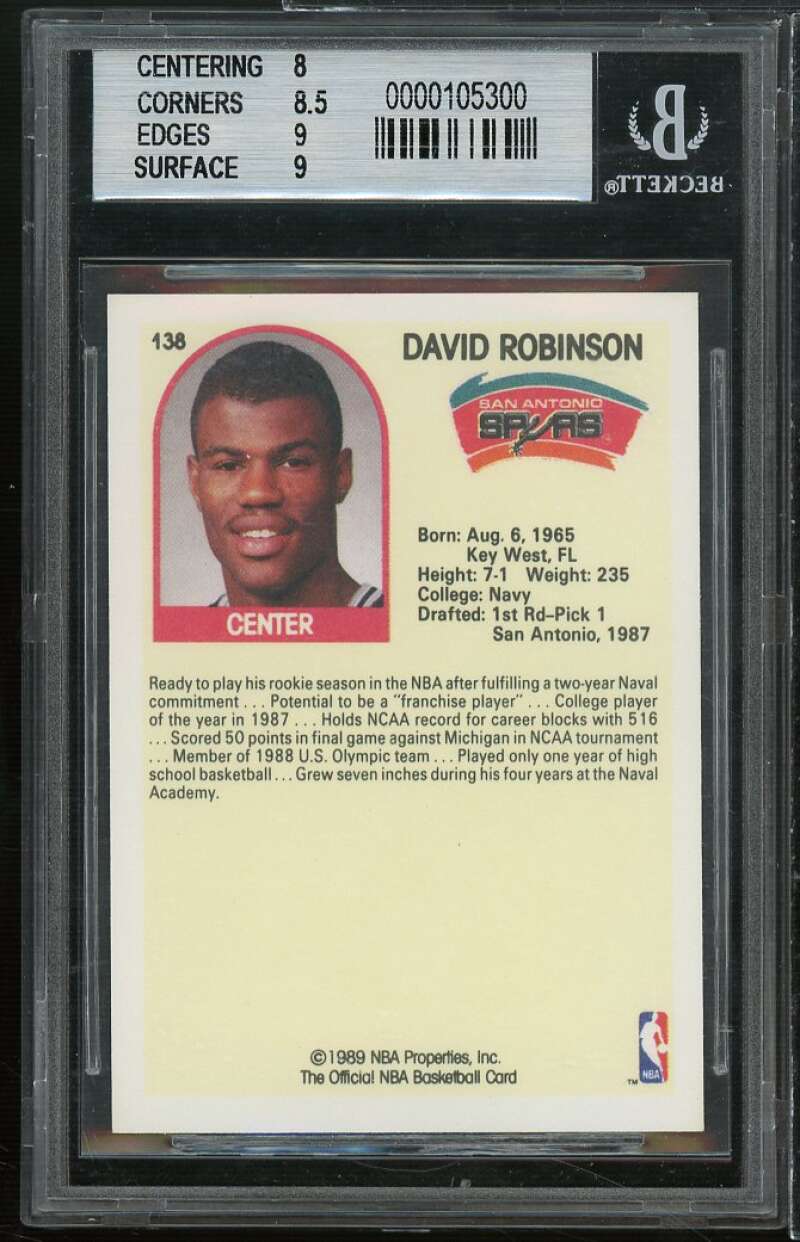 David Robinson Rookie Card 1989-90 Hoops #138 BGS 8.5 (8 8.5 9 9) Image 2