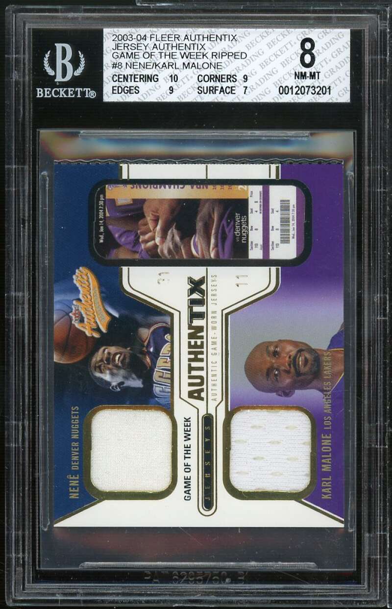 Nene Hilario/Karl Malone Card 2003-04 Fleer Authentix Jersey Ripped #8 BGS 8 Image 1