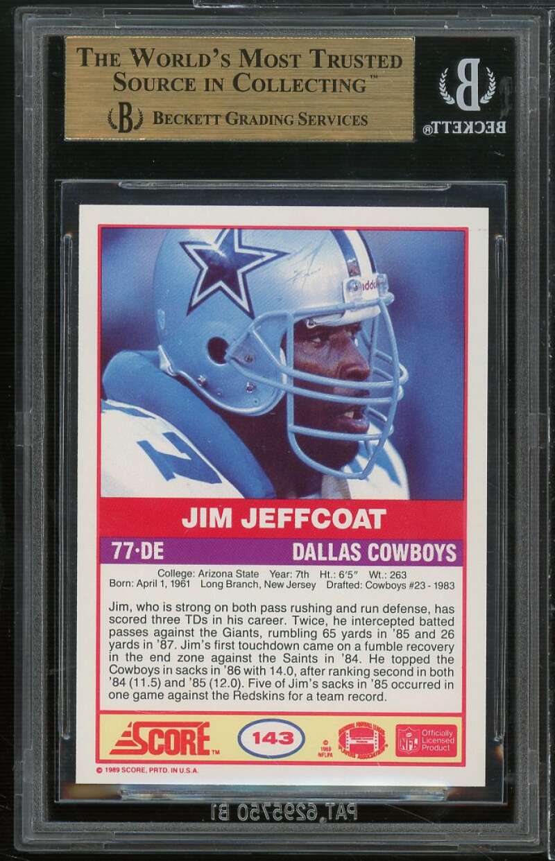 Jim Jeffcoat Card 1989 Score #143 BGS 9.5 (9.5 9 9.5 9.5) Image 2