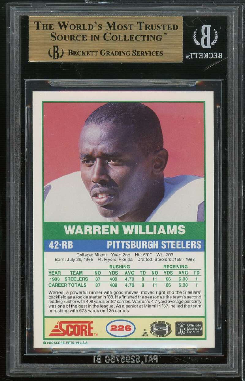 Warren Williams Rookie Card 1989 Score #226 BGS 9.5 (9 9.5 9.5 9.5) Image 2