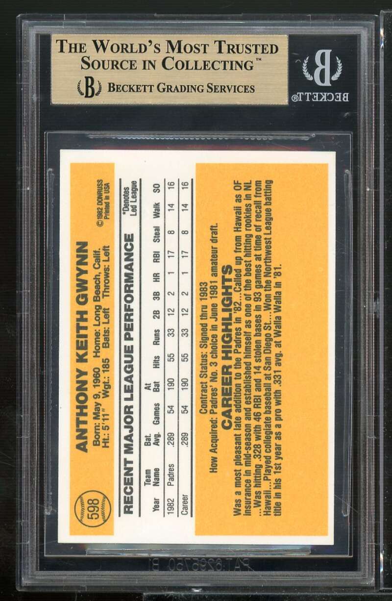 Tony Gwynn Rookie Card 1983 Donruss #598 BGS 9.5 (9 9.5 9.5 9.5) Image 2