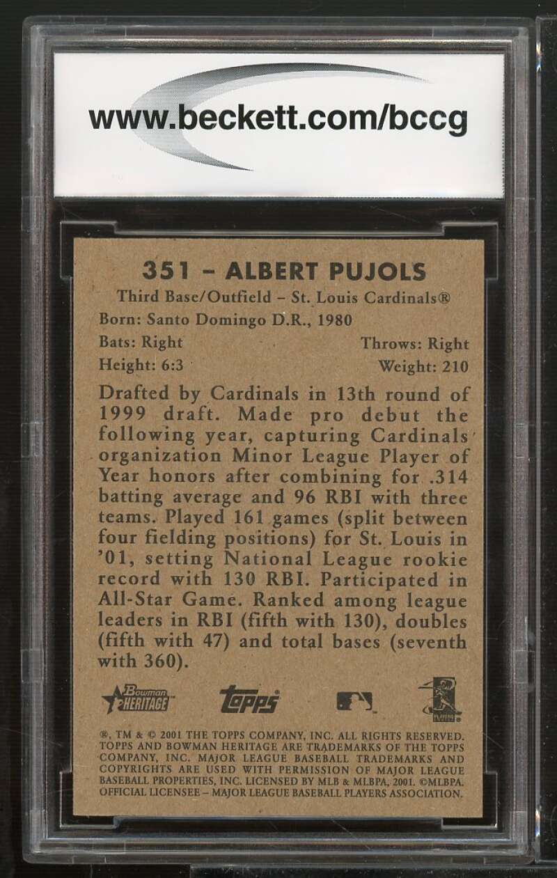 2001 Bowman Heritage #351 Albert Pujols Rookie Card BGS BCCG 9 Near Mint+ Image 2