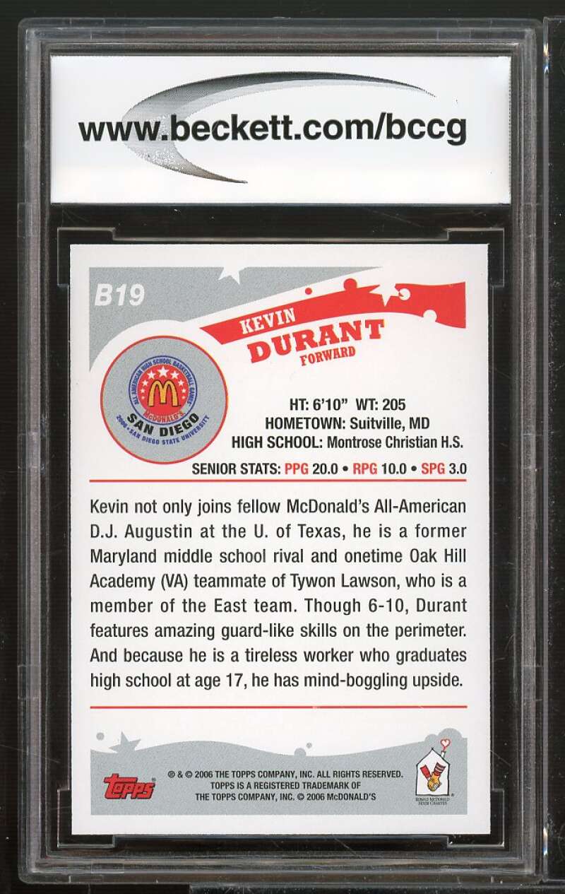 2006 Topps McDonald's All-American #B19 Kevin Durant Card BGS BCCG 9 Near Mint+ Image 2