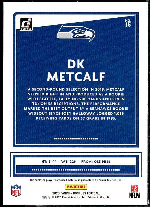 D.K. Metcalf Card 2020 Donruss Threads Blue #15  Image 2