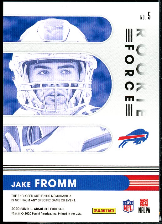 Jake Fromm Rookie Card 2020 Absolute Rookie Force Jerseys Prime #5  Image 2