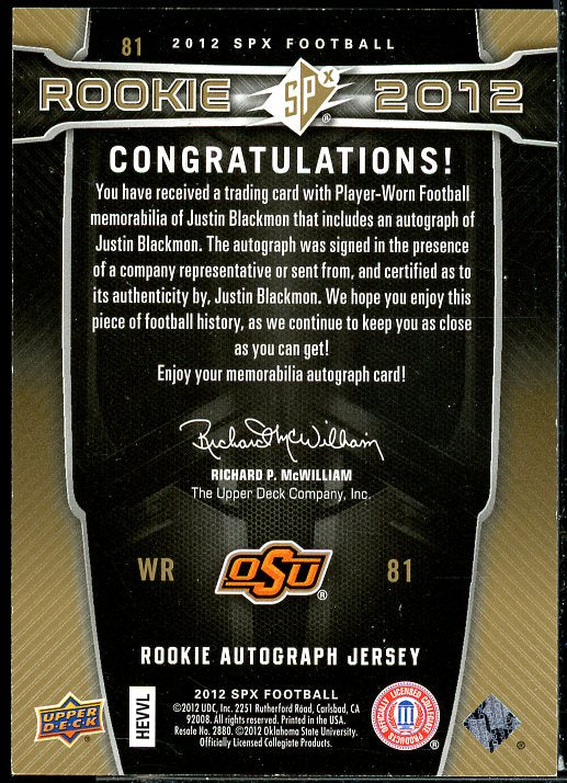 Justin Blackmon JSY AU Rookie Card 2012 SPx #81  Image 2