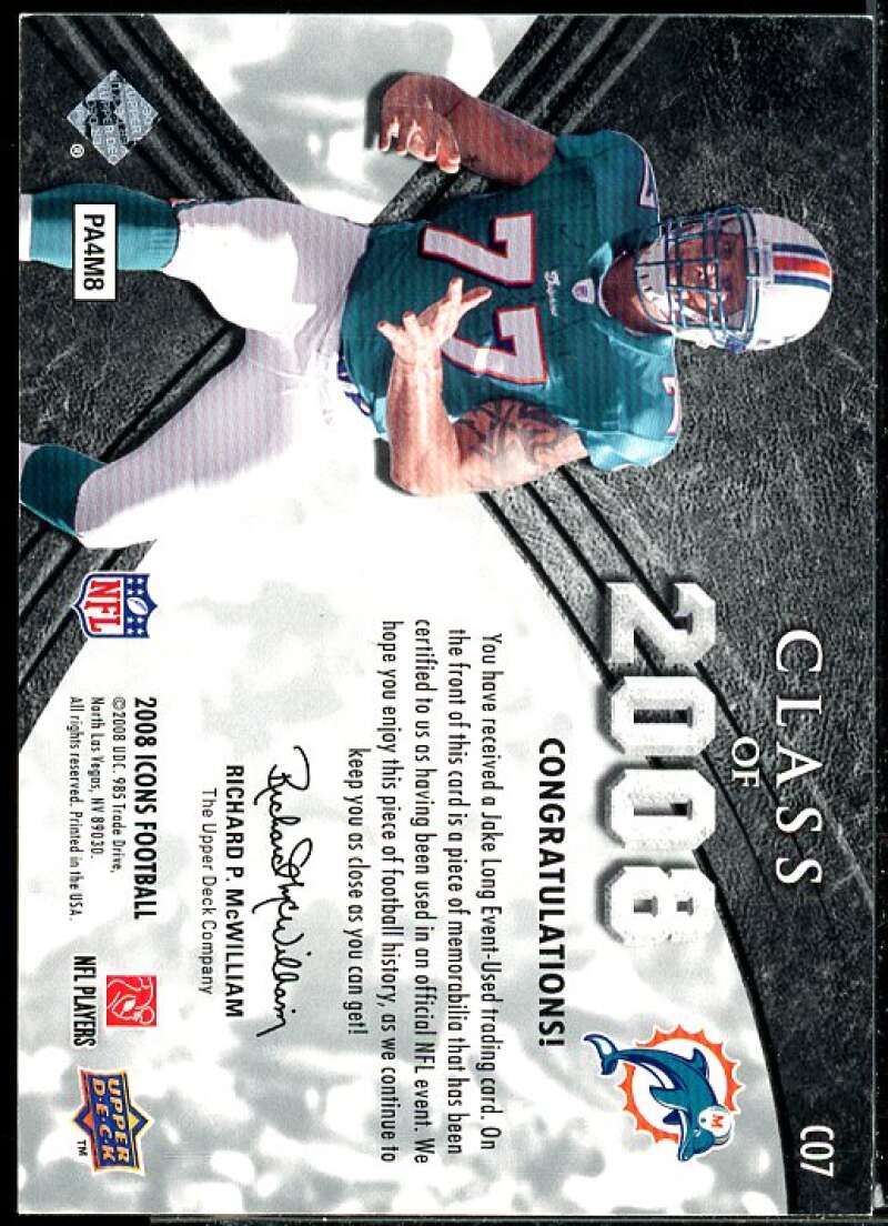 Jake Long Rookie Card 2008 Upper Deck Icons Class of 2008 Jersey Silver #CO7  Image 2