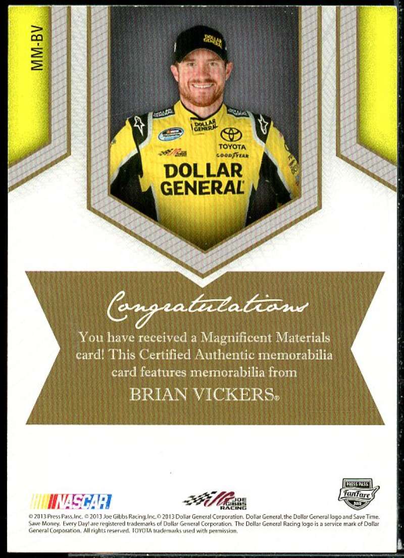 Brian Vickers Card 2013 Press Pass Fanfare Magnificent Materials Silver #BV  Image 2