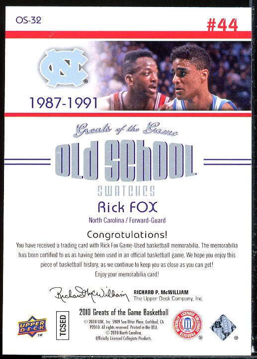 Rick Fox Card 2009-10 Greats of the Game Old School Swatches #OS32  Image 2