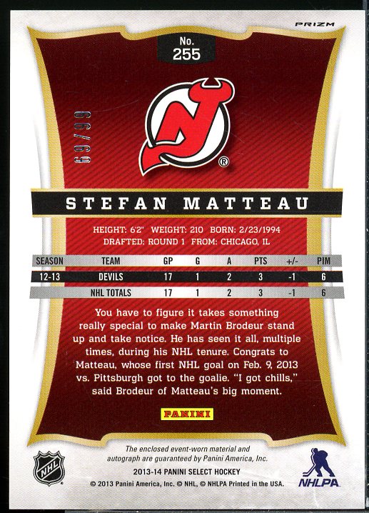 Stefan Matteau Rookie Card 2013-14 Select Rookies Jersey Autographs Prizms #255  Image 2