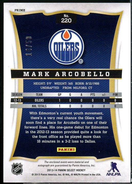 Mark Arcobello Rookie Card 2013-14 Select Rookies Jersey Autographs Prime #220  Image 2