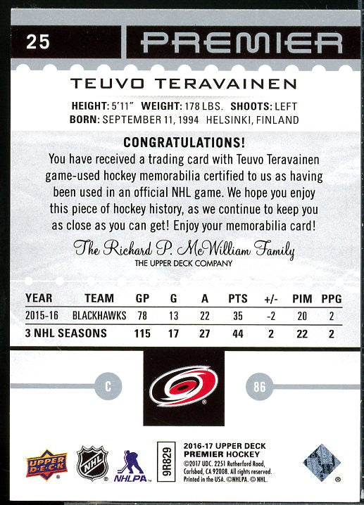 Teuvo Teravainen Card 2016-17 Upper Deck Premier Jerseys #25  Image 2