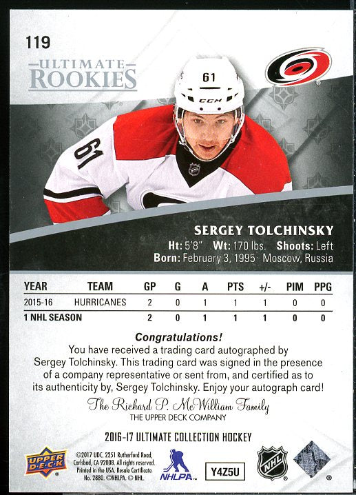 Sergey Tolchinsky AU Rookie Card 2016-17 Ultimate Collection #119  Image 2