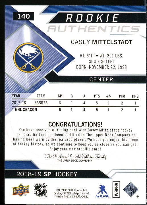 Casey Mittelstadt Rookie Card 2018-19 SP Jerseys #140  Image 2