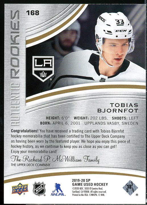 Tobias Bjornfot JSY Rookie Card 2019-20 SP Game Used Gold #168  Image 2