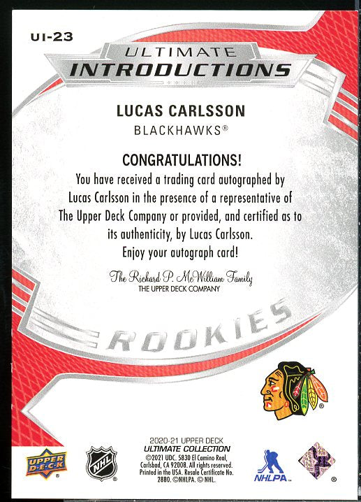 Lucas Carlsson RC 2020 Ultimate Collection Ultimate Introductions Autograph #UI23  Image 2