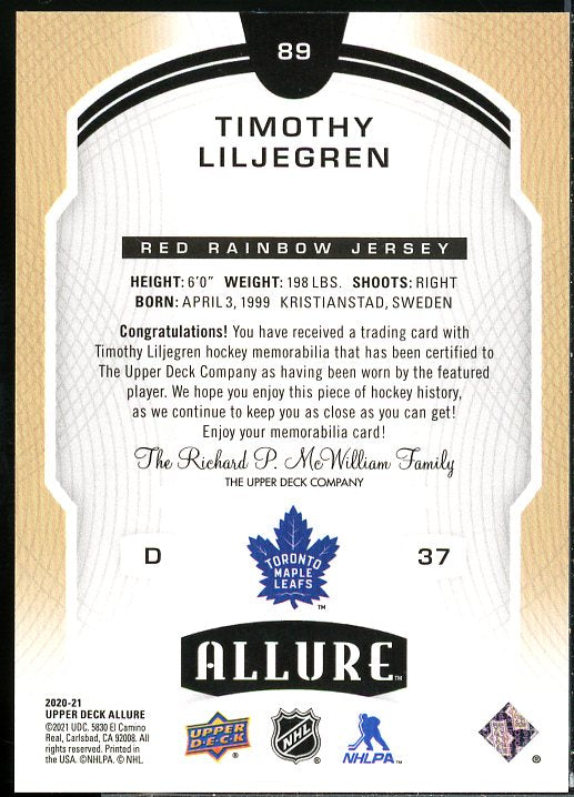 Timothy Liljegren Rookie Card 2020-21 Upper Deck Allure Jerseys Red Rainbow #89  Image 2