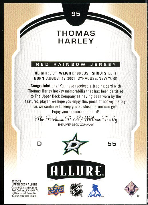 Thomas Harley Rookie Card 2020-21 Upper Deck Allure Jerseys Red Rainbow #95  Image 2