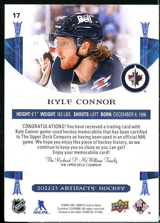 Kyle Connor Card 2022-23 Artifacts Materials Gold #17  Image 2