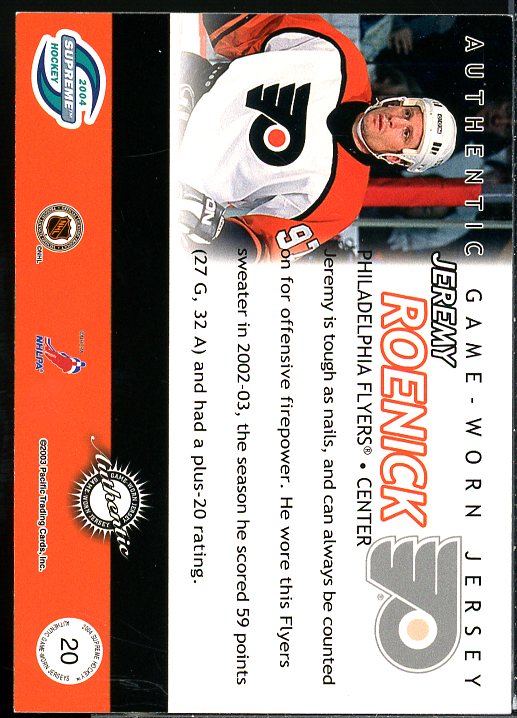 Jeremy Roenick Card 2003-04 Pacific Supreme Jerseys #20  Image 2