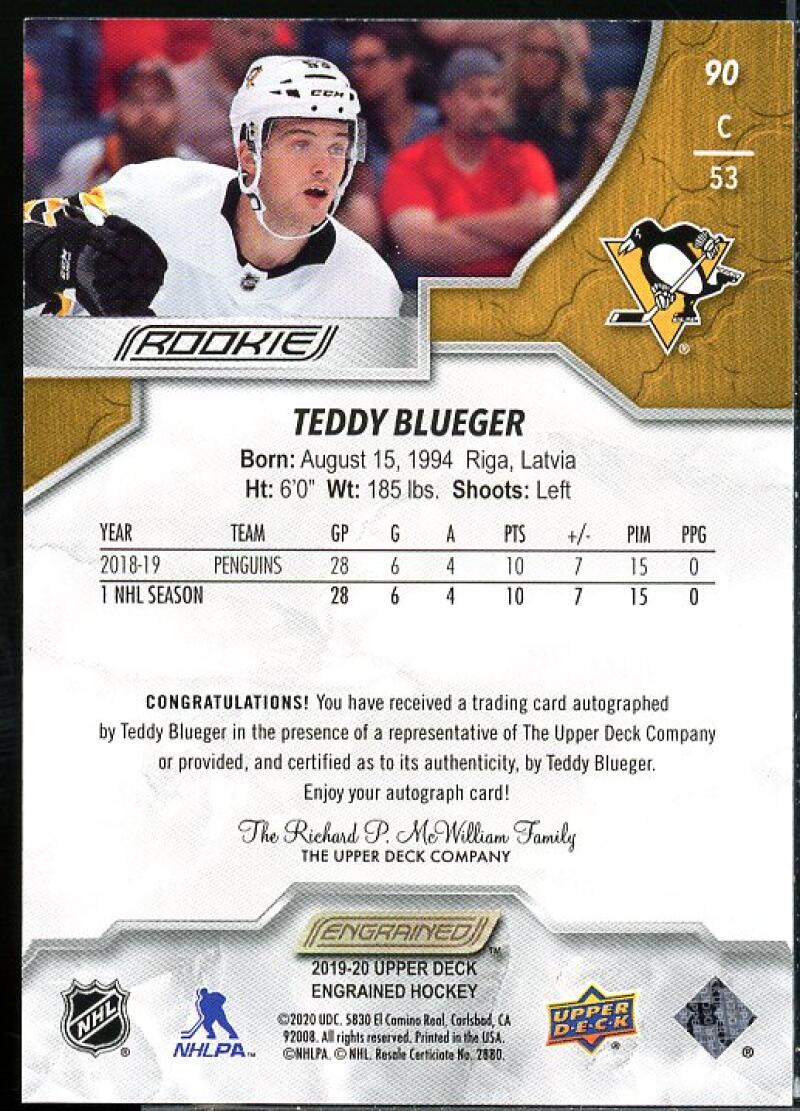 Teddy Blueger Rookie Card 2019-20 Upper Deck Engrained Autographs Oak #90  Image 2