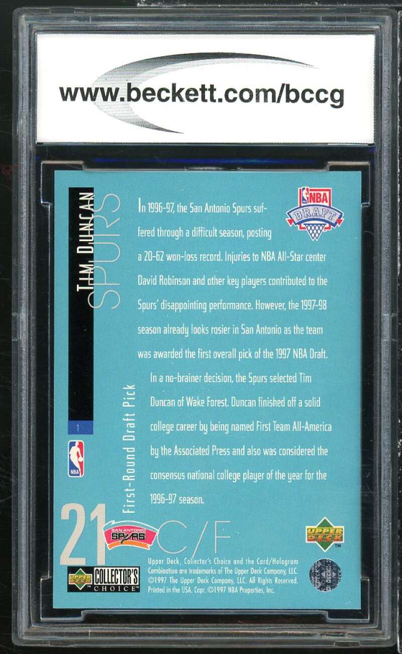 1997-98 Collectors' Choice Draft Trade #1 Tim Duncan Rookie BGS BCCG 10 Mint+ Image 2