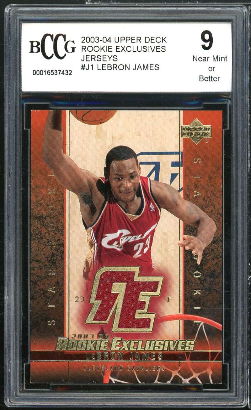 2003-04 UD Rookie Exclusives Jerseys #1 Lebron James Rookie BGS BCCG 9 Near Mint Image 1