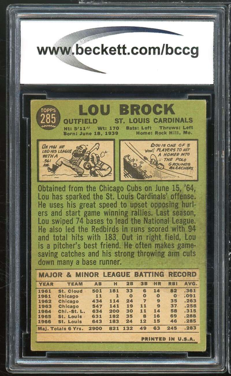 1967 Topps #285 Lou Brock Card BGS BCCG 6 Good+ Image 2