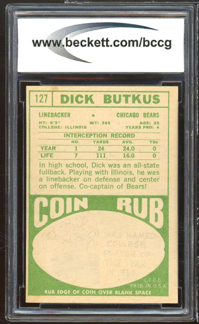 1968 Topps #127 Dick Butkus Card BGS BCCG 7 Very Good+ Image 2