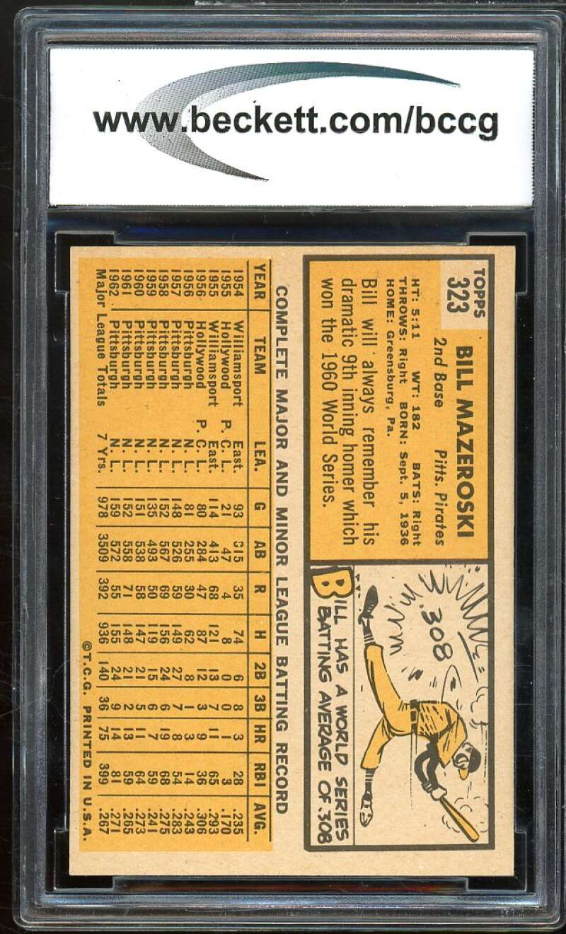 1963 Topps #323 Bill Mazeroski Card BGS BCCG 9 Mint+ Image 2