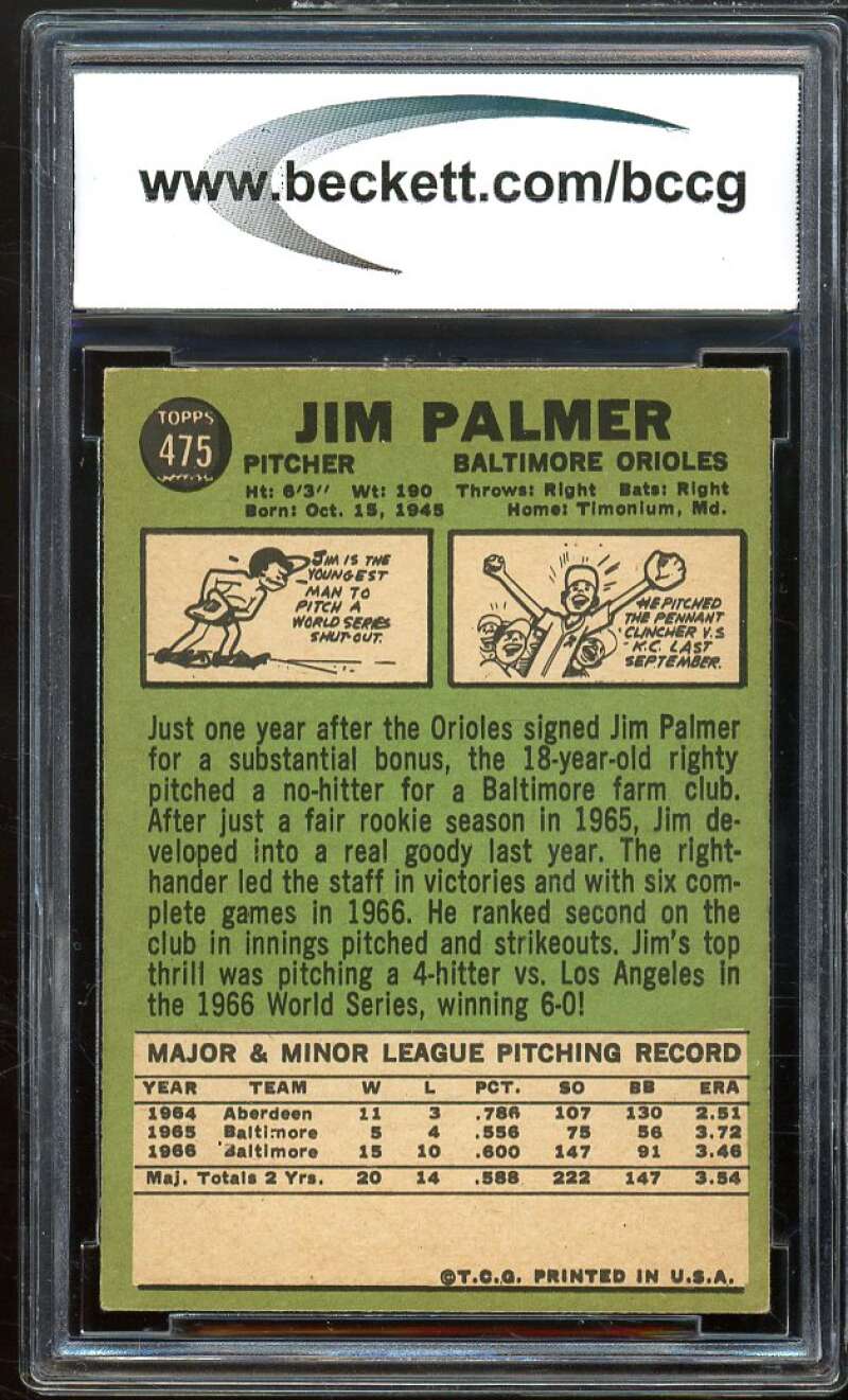 1967 Topps #475 Jim Palmer Card BGS BCCG 8 Excellent+ Image 2