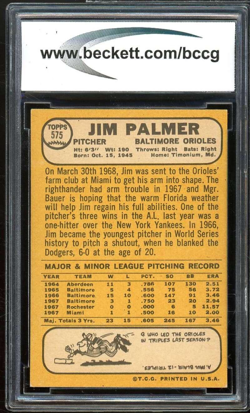 1968 Topps #575 Jim Palmer Card BGS BCCG 7 Very Good+ Image 2