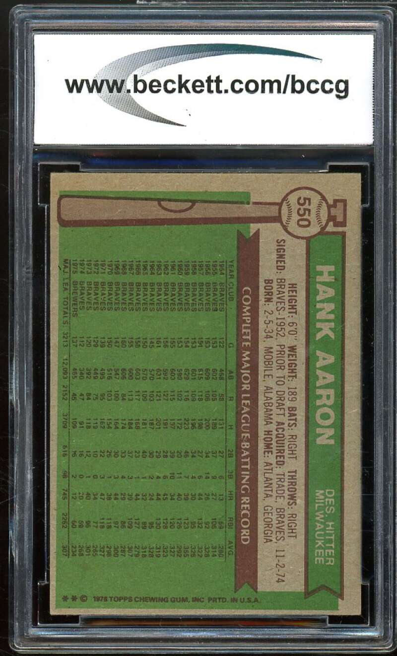 1976 Topps #550 Hank Aaron Card BGS BCCG 8 Excellent+ Image 2