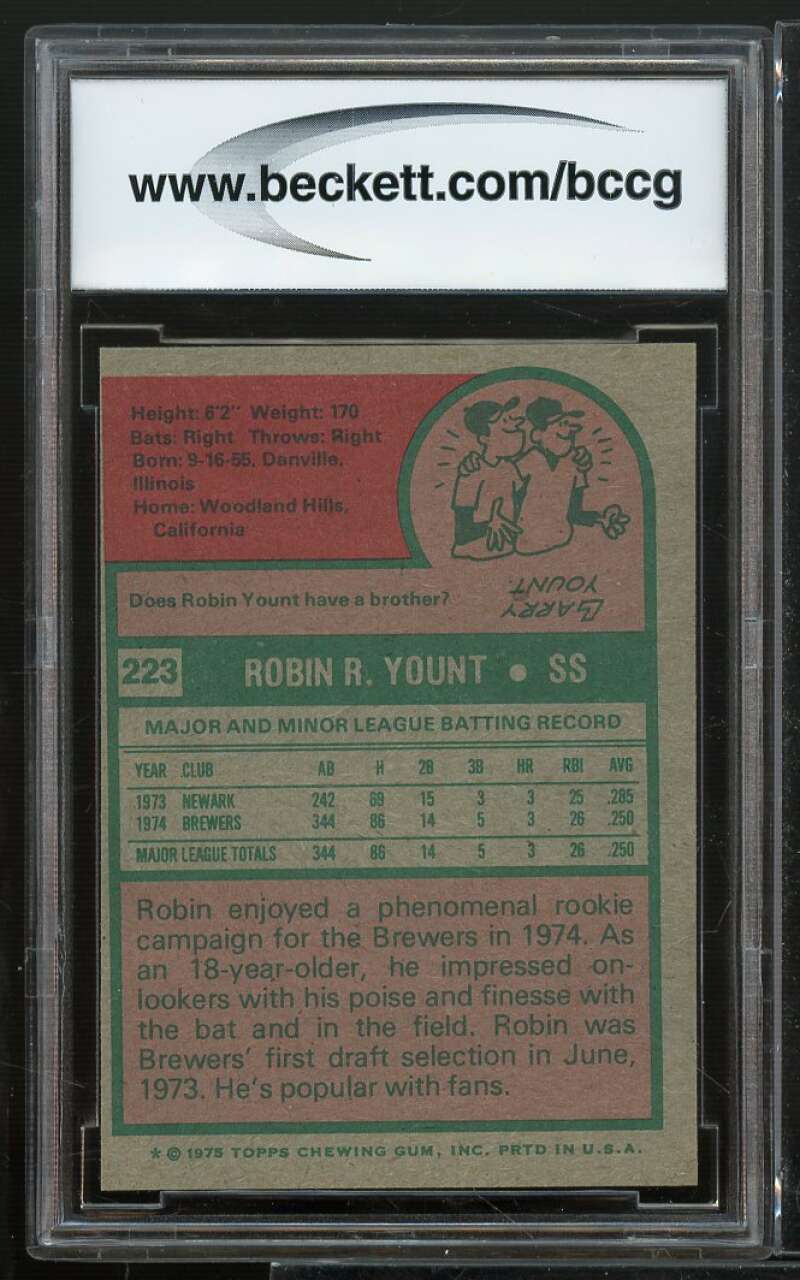 1975 Topps #223 Robin Yount Card Rookie Card BGS BCCG 9 Near Mint+ Image 2