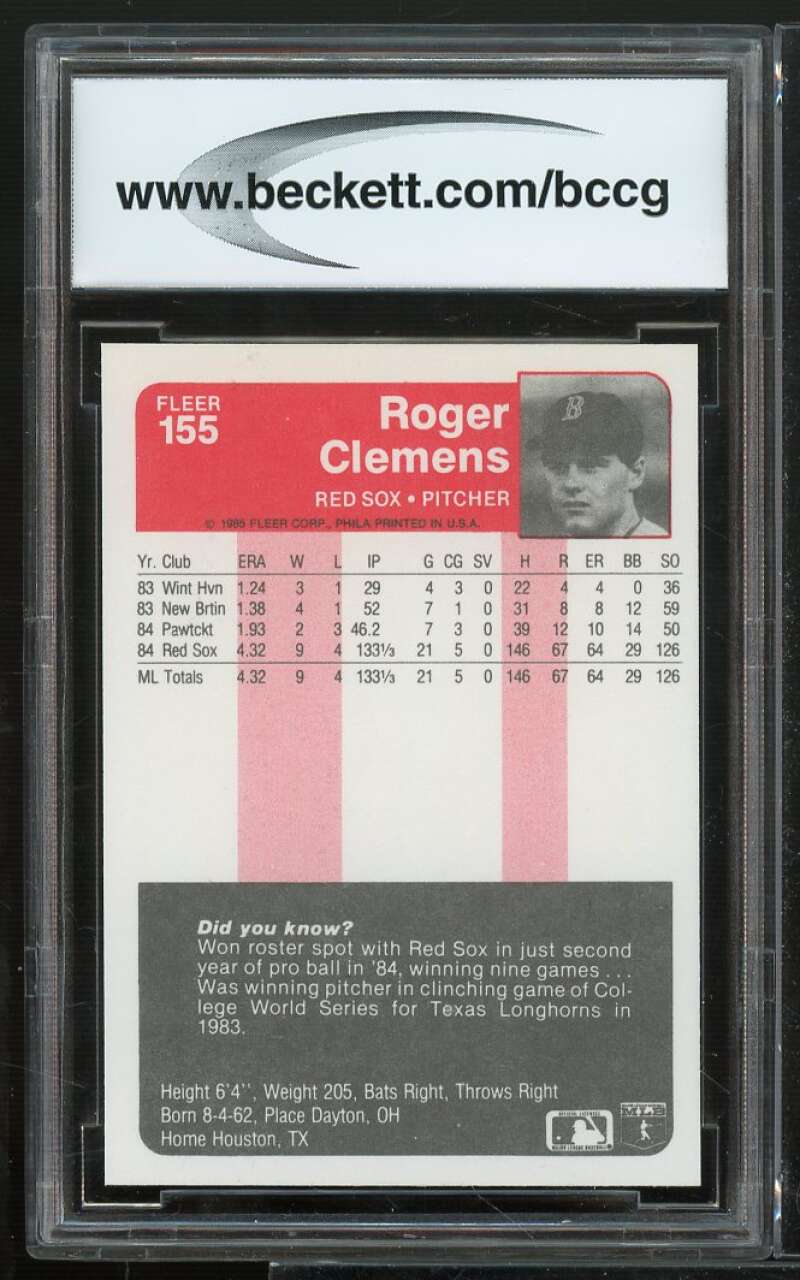 1985 Fleer #155 Roger Clemens Rookie Card BGS BCCG 9 Near Mint+ Image 2