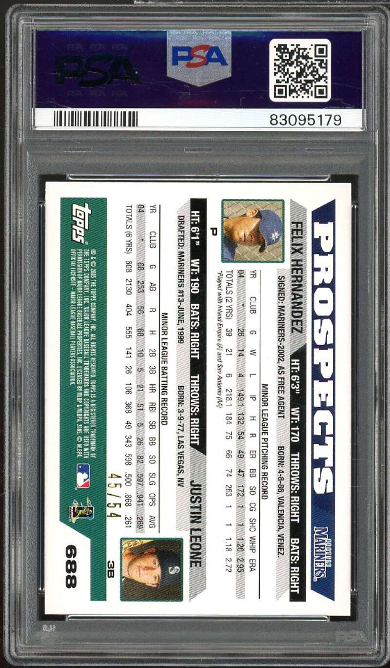 Felix Hernandez Justin Leone Rookie Card 2005 Topps Black #688 (pop 2) PSA 9 Image 2