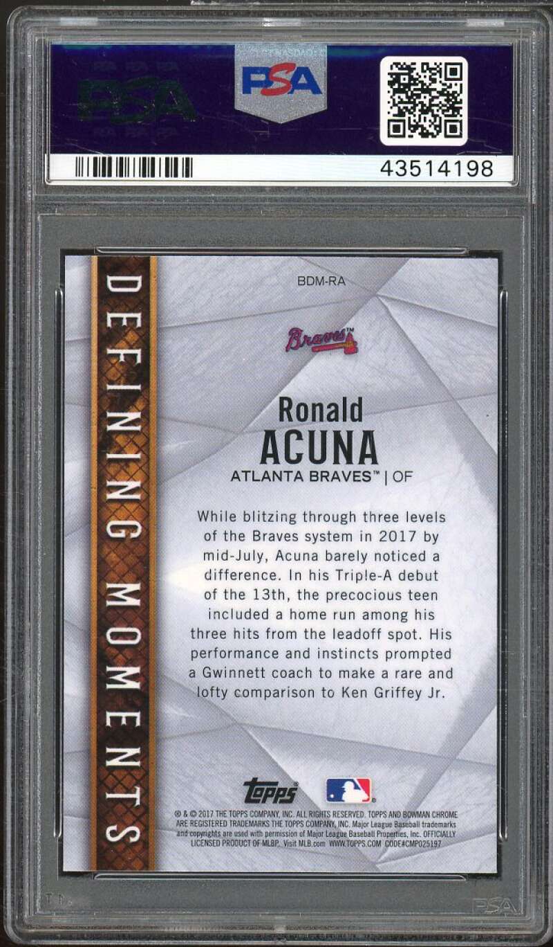 Ronald Acuna Rookie Card 2017 Bowman Draft Defining Moments #BDMRA PSA 10 Image 2