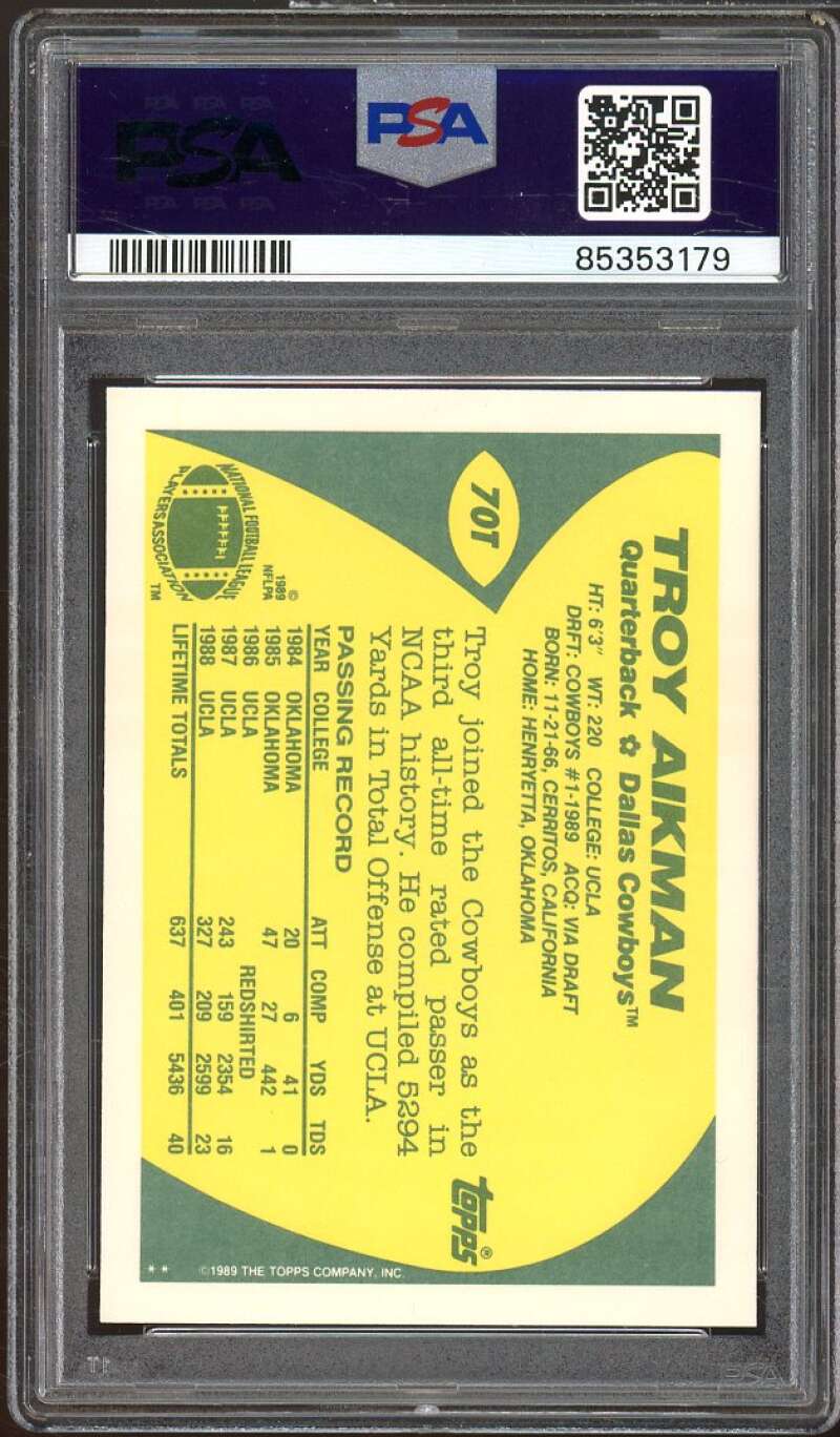 Troy Aikman Rookie Card 1989 Topps Traded #70T PSA 9 Image 2