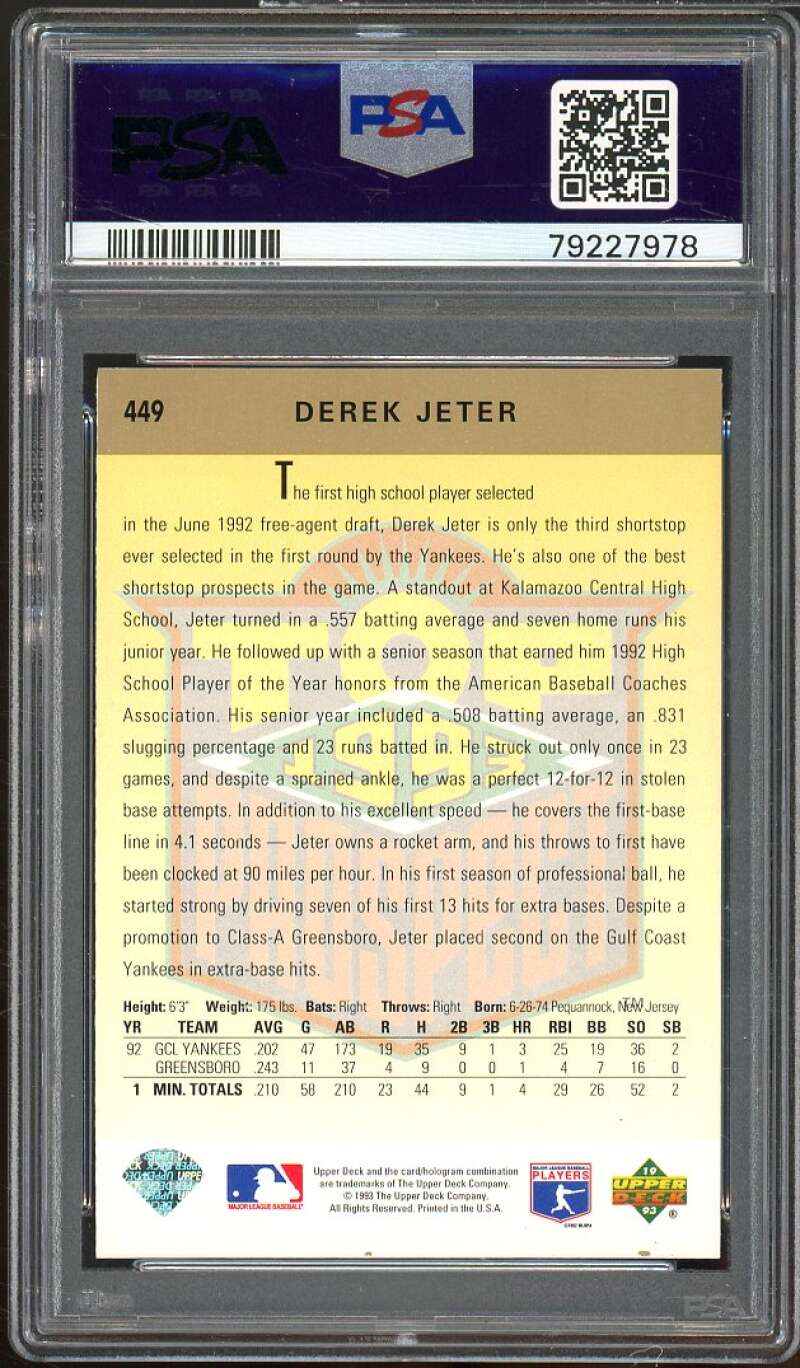 Derek Jeter Rookie Card 1993 Upper Deck 449 PSA 9 (Look) Image 2