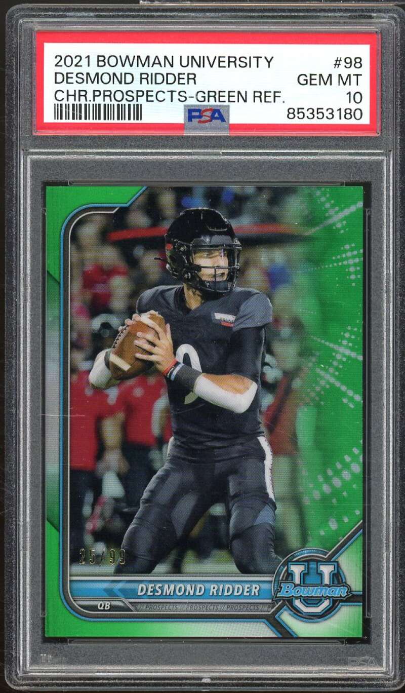 Desmond Ridder Rookie Card 2021 Bowman University Chrome Green #98 PSA 10 Image 1