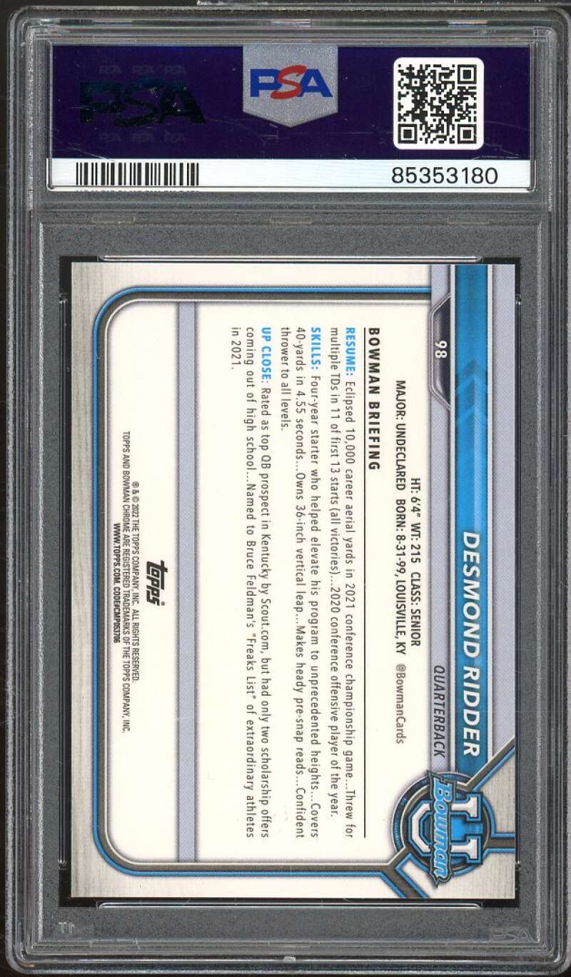 Desmond Ridder Rookie Card 2021 Bowman University Chrome Green #98 PSA 10 Image 2