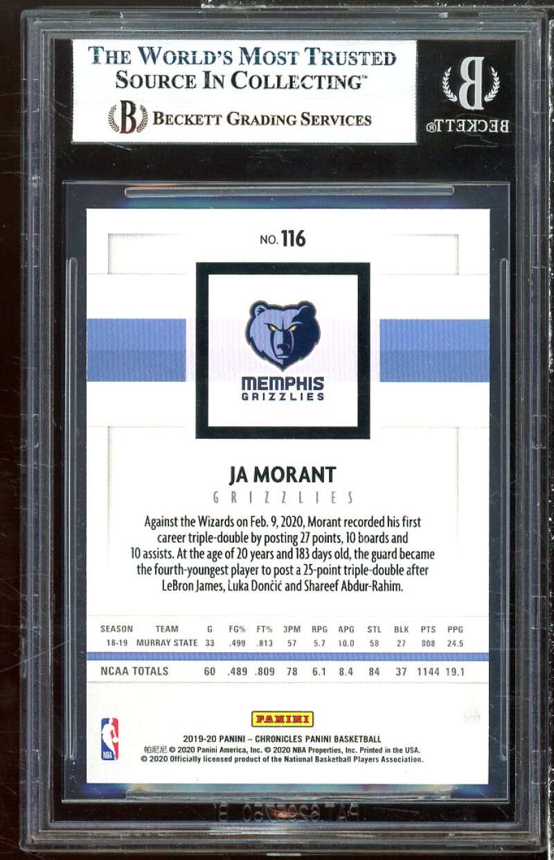 Ja Morant Rookie 2019-20 Panini Chronicles #116 young dolph BGS 9 (9.5 9 9 8.5) Image 2