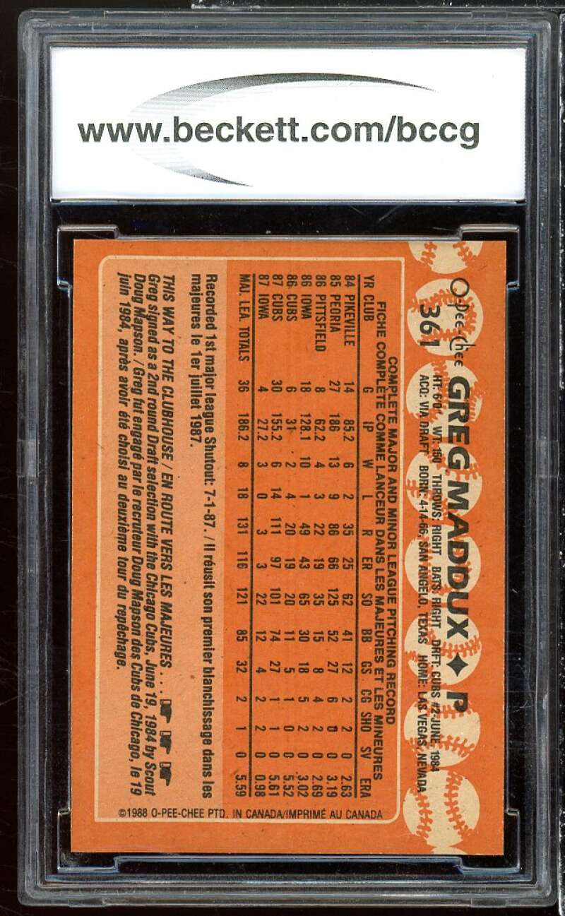 Greg Maddux Card 1988 O-Pee-Chee #361 BGS BCCG 10 Image 2