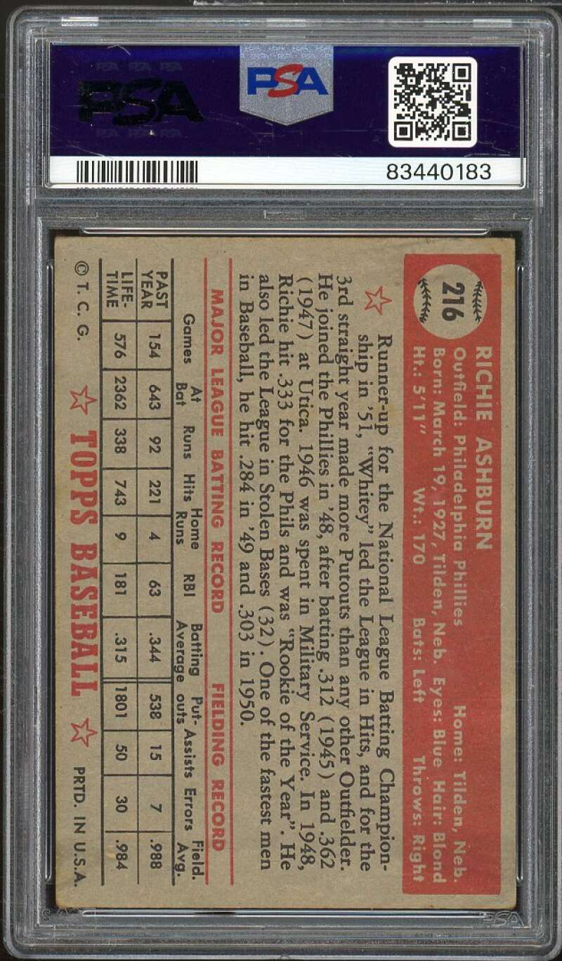 Richie Ashburn Card 1952 Topps #216 PSA 4 Image 2