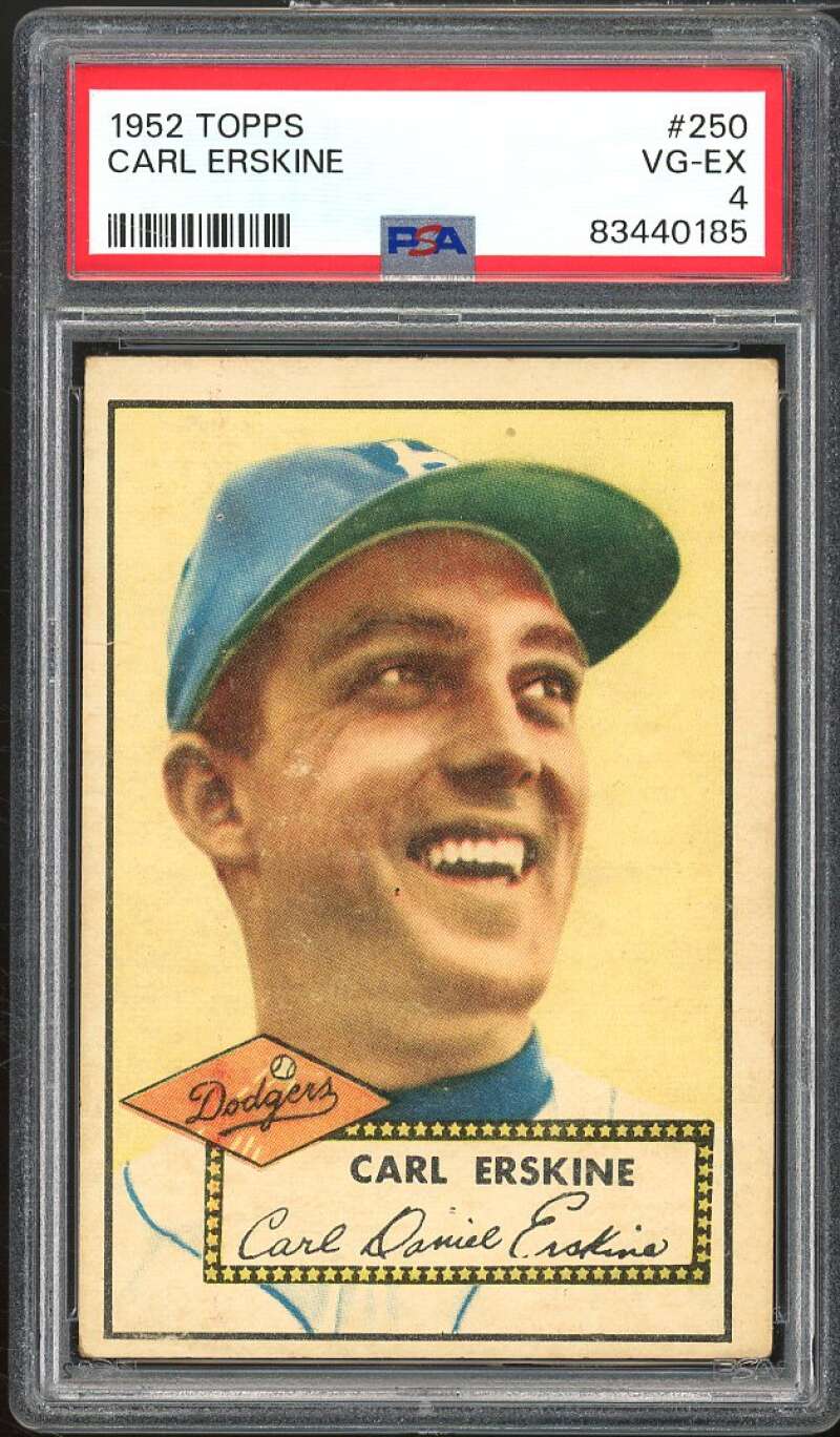 Carl Erskine Card 1952 Topps #250 PSA 4 Image 1