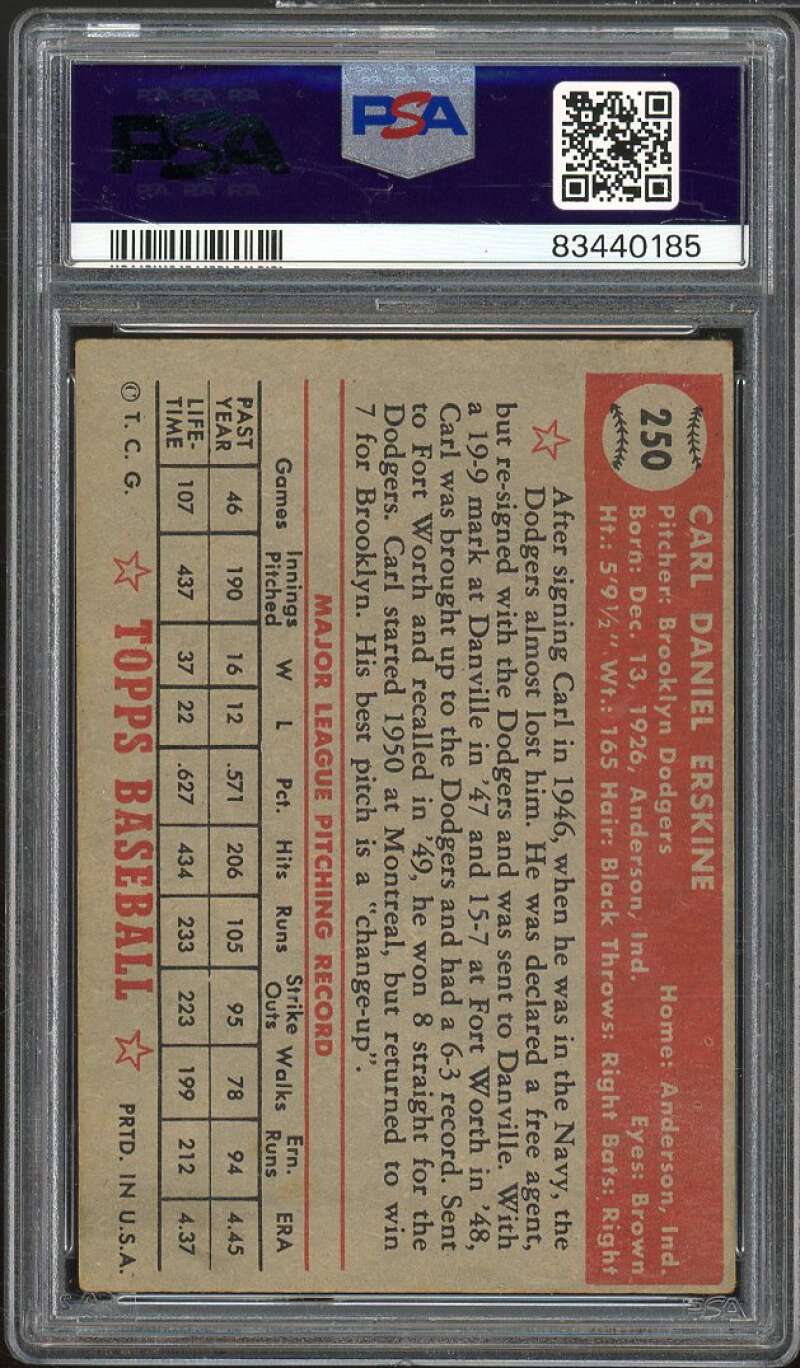 Carl Erskine Card 1952 Topps #250 PSA 4 Image 2