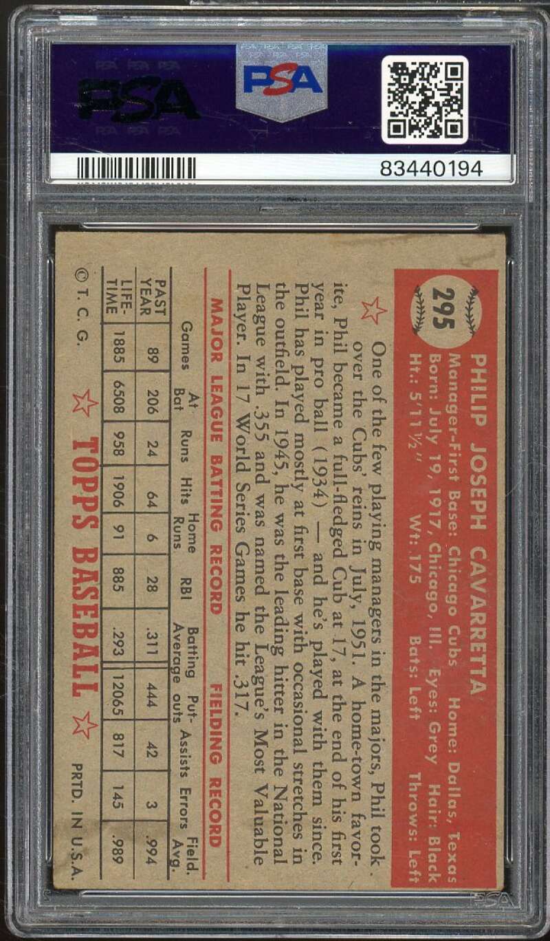 Phil Cavarretta Card 1952 Topps #295 PSA 4 Image 2