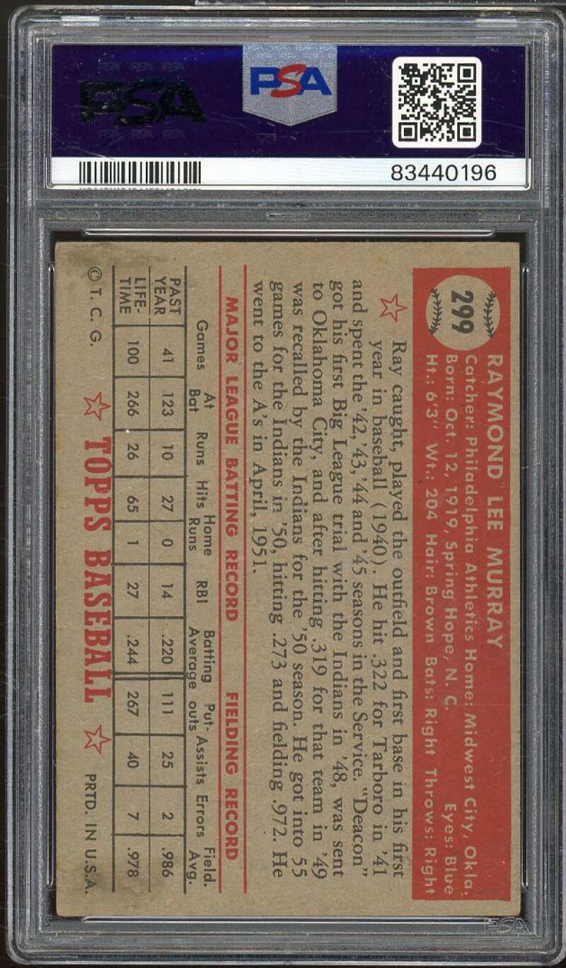 Ray Murray Rookie Card 1952 Topps #299 PSA 4 Image 2